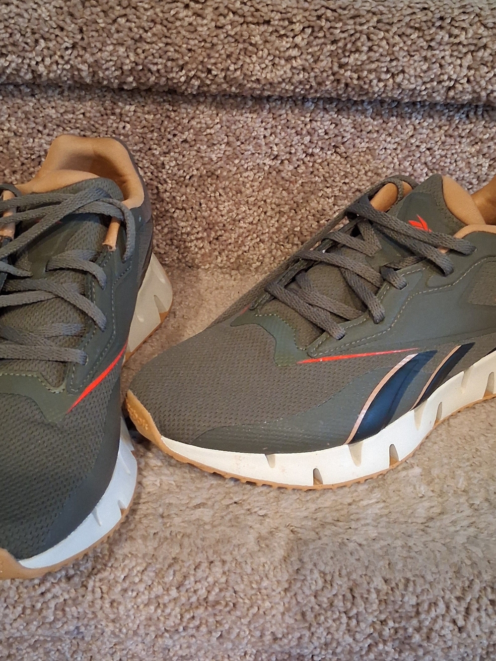 Reebok Men's Olive Green and Tan Athletic Sneakers with Orange Accent